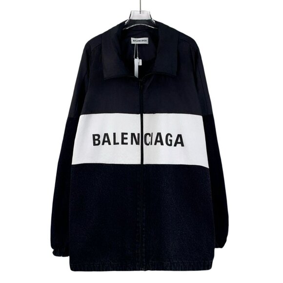 Balenciaga Two-Tone Logo Printed Cotton Long-Sleeve Zipper Jacket Black/White Si - Picture 1 of 8